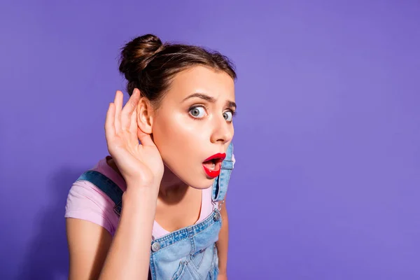 Close up photo beautiful funny funky she her lady two buns hear rumours like news red lipstick pomade hand wear casual t-shirt jeans denim overalls clothes isolated purple violet background — Stok Foto