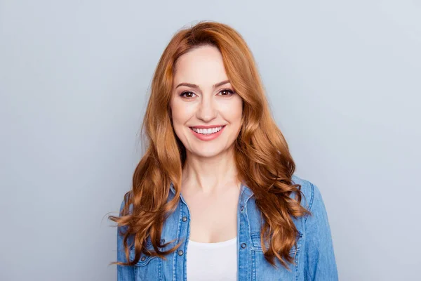 stock image Close up photo beautiful amazing she her lady show perfect ideal teeth sincere kind self-confident easy-going listening great good news wear casual blue jeans denim shirt isolated grey background