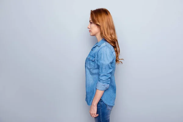 Close up side profile photo beautiful amazing she her lady look wondered sincere kind self-confident contemplation think over like zombie wear casual blue jeans denim shirt isolated grey background — Stock Photo, Image