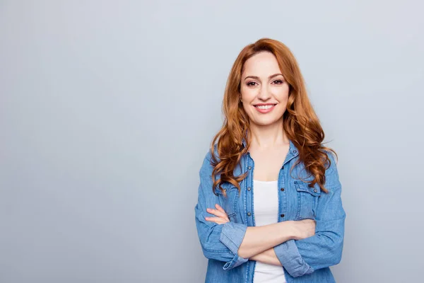 stock image Close up photo beautiful amazing she her lady reliable person show perfect ideal teeth self-confident easy-going great good news empty space wear casual blue jeans denim shirt isolated grey background