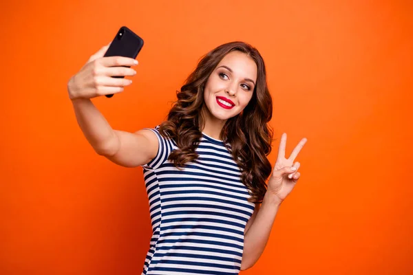 Close up photo portrait of positive cool carefree having free time inspired people she person making taking blogging picture on instagram influencer isolated summer background — Stock Photo, Image