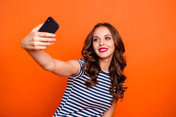 Close up photo portrait of cheerful pretty glamorous attractive fascinating cool nice cute tender romantic she her people person lady making selfie om smart gadget isolated vibrant background