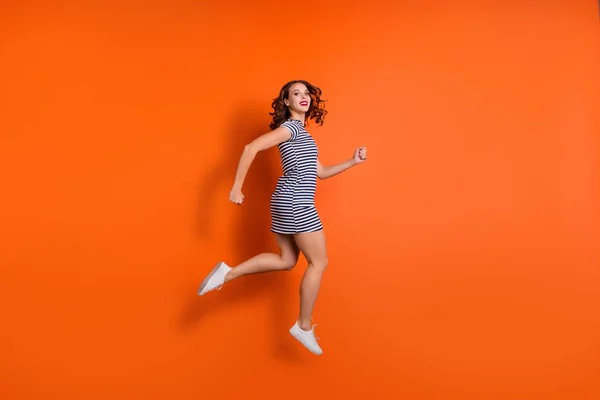 Full length size body photo of single cute elegant nice glad optimistic funny funky dreamy she her lady showing motions in air isolated vivid background — Stock Photo, Image