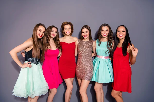 Close up photo beautiful amazing she her six ladies different sisters excited toothy slim skinny pretty wear fashion sparkly colorful formal-wear short dresses clothes outfit isolated grey background — Stock Photo, Image