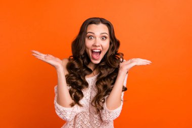 Portrait of her she nice attractive lovely charming cute cheerful cheery wavy-haired lady showing excitement isolated over bright vivid shine orange background clipart