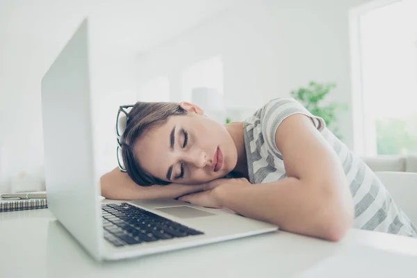 Close up photo beautiful she her lady notebook table sleepy eyes closed head lying arms hands sleepless night wait skype call wear jeans denim striped t-shirt comfort chair house living room indoors — Stock Photo, Image
