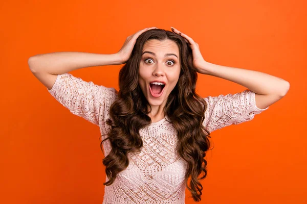 Portrait of her she nice-looking sweet attractive lovely winsome pretty cheerful cheery crazy wavy-haired lady showing excitement isolated over bright vivid shine orange background — Stock Photo, Image
