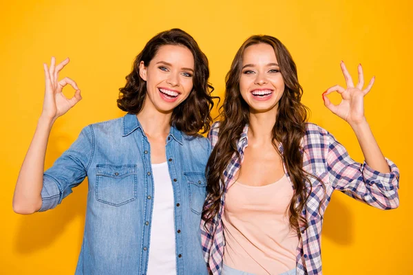 Close up photo attractive sweet millennial excited satisfied content ad feedback advise choose decide excellent perfect sale discount beautiful trendy checked jeans shirts isolated yellow background — Stock Photo, Image