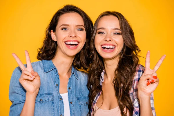 Close-up foto van grappige funky dames tevreden inhoud gevoel Verheugen hebben vakantie weekends vrije tijd maken v-Signs geïsoleerd gekleed denim moderne geruite kleding lang haar op kleurrijke achtergrond — Stockfoto