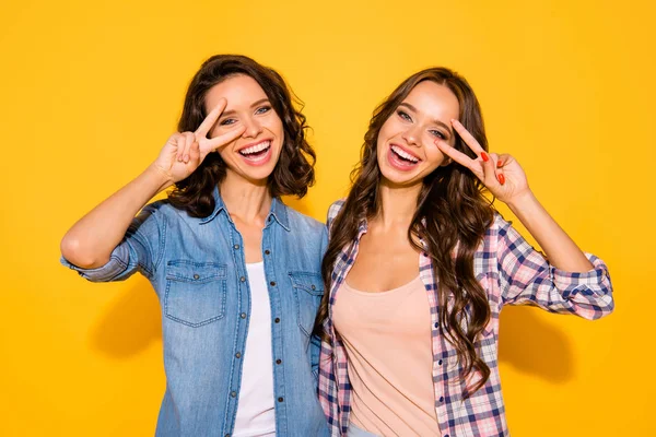 Retrato lindo compañero encantador compañerismo hacer v-signos lugar cara ojos divertido funky infantil despreocupado verano primavera a cuadros traje largo pelo aislado fondo vivo satisfecho contenido —  Fotos de Stock