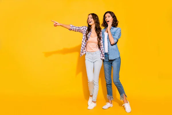 Full length body size view photo beautiful ladies astonished impressed sale choose decide recommend advertise option wow omg unbelievable touch face checked jeans shirt yellow background isolated — Stock Photo, Image