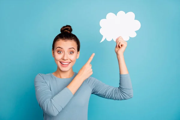 Closeup photo portrait of pretty lady pointing on think cloud isolated bright background — Stock Photo, Image