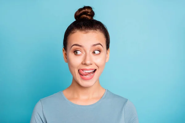 Close up photo beautiful amazing she her lady look side empty space licking tongue upper lip crazy silly mischief carefree mood giggling wear casual sweater pullover isolated blue bright background — Stock Image Close up photo beautiful amazing she her lady look side empty space licking tongue upper lip crazy silly mischief carefree mood giggling wear casual sweater pullover isolated blue bright background Royalty Free Stock Photos