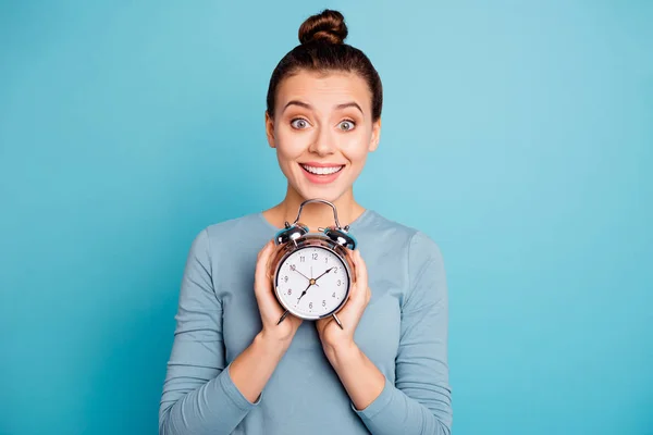 Close-up portrait of her she nice-looking attractive winsome lovely cheerful cheery funny girl holding in hands retro vintage clock isolated over bright vivid shine turquoise background — Stock Photo, Image