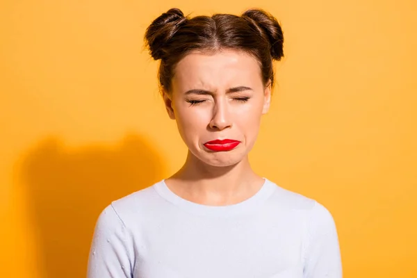 Close-up portrait of her she nice-looking attractive lovely winsome offended teen girl closed eyes grief dislike disgust isolated over bright vivid shine yellow background — Stock Photo, Image