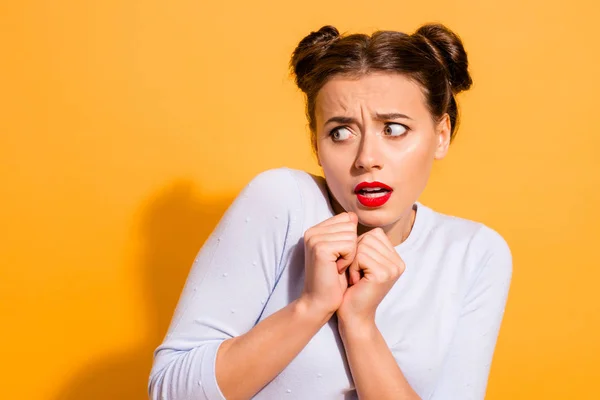 Close-up portrait of her she nice-looking attractive lovely scared girl scary news omg oops trouble looking aside isolated over bright vivid shine yellow background — Stock Photo, Image