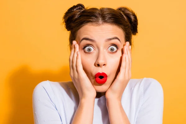 Close-up portrait of her she nice-looking attractive lovely stunned girl touching cheeks facial expression isolated over bright vivid shine yellow background — Stock Photo, Image