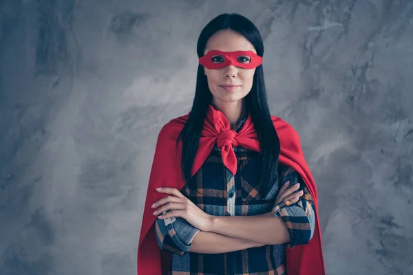 Close up photo beautiful fearless amazing she her superpower lady comics costume heroine women equal rights concept strong hands arms wear red eye mask mantle home room loft apartment flat indoors — Stock Photo, Image