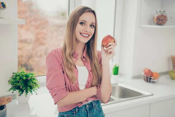 Close up foto retrato de bonito bonito bonito positivo encantador adorável ela sua senhora segurando deliciosa maçã na mão — Fotografia de Stock