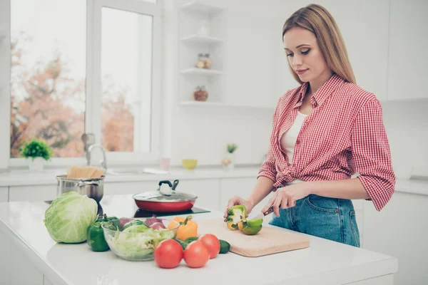 Närbild foto vacker hon hennes fru frukost matlagning process hemmafru vänta make tillbaka förbereda läckra skålen måltid slitage inhemska hem kläder skjorta Jeans denim outfit ljust hem kök inomhus — Stockfoto