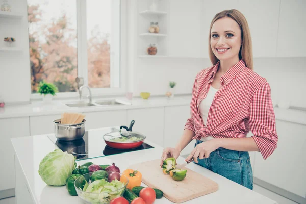 Close-up foto mooi ze haar dame werken lunch koken proces huisvrouw man bereiden heerlijke schotel maaltijd dragen binnenlandse huis kleding shirt jeans denim outfit Bright Home keuken binnenshuis — Stockfoto