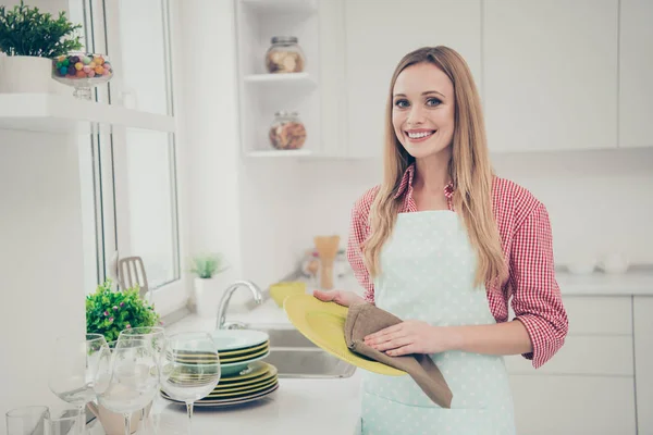 Close-up foto mooi ze haar Lady Cleaner heldere keuken huis Poolse controleren perfecte glanzende plaat servet voorbereiding familie vergadering vakantie verzamelen slijtage casual jeans denim shirt schort plat binnenshuis — Stockfoto