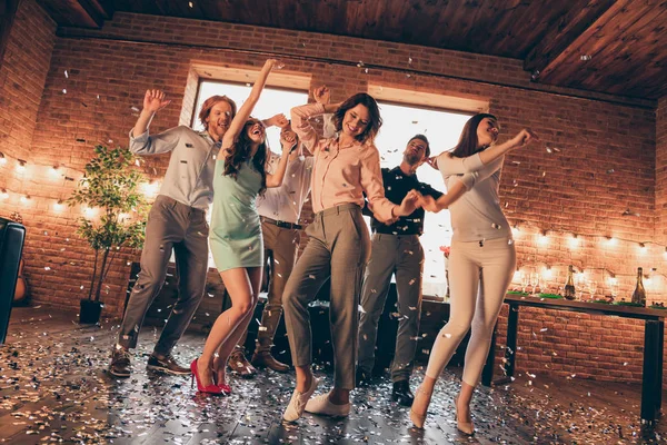 Full length body size photo best friends hang out dance great time drunk sing singer favorite songs energetic she her ladies he him his guys wear dress shirts formalwear glitter loft room indoors — Stock Photo, Image