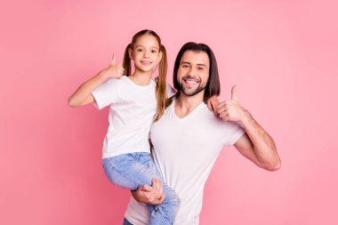 Close up photo beautiful she her little lady he him his daddy dad hold little princess hands arms thumbs up recommend rest relax wear casual white t-shirts denim jeans isolated pink bright background clipart