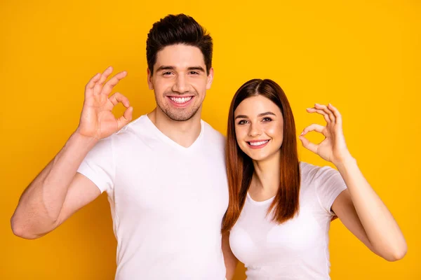 Close up photo funny amazing beautiful she her he him his guy lady hands arms show okey symbols stand hugging sincere beaming smile  wear casual white t-shirts outfit isolated yellow background — Stock Photo, Image