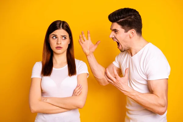 Portrait of his he her she two attractive angry aggressive people having fight anger blame betray isolated over vivid shine bright yellow background — Stock Photo, Image