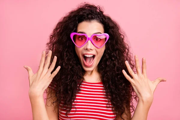 Close-up portrait of her she nice-looking attractive lovely cute charming cheerful cheery crazy wavy-haired girl showing hands gesture wow opened mouth isolated over pink pastel background — Stock Photo, Image