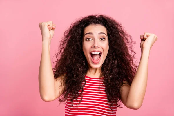 Close up photo portrait of cheerful positive optimistic cool with open mouth her she lady raising fists hands up cheering you showing power champion isolated pastel background — Stock Photo, Image