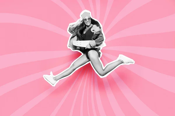 Volle Länge Körpergröße Seitenprofil sie ihre Dame Skateboard funky fliegen Luft gemischt grau Farbe Abbildung Sport Leben Plakat fit jetzt Idee isoliert Wirbel optischen Sonnenstrahl rosa Linien Zeichnung Hintergrund — Stockfoto
