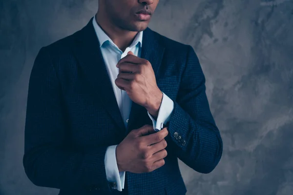 Cropped view photo of chic classy chief billionaire touch arm hand feel concentrated dandy concept vip short hair bald entrepreneur has fashionable classic outfit isolated on dark background — Stock Photo, Image