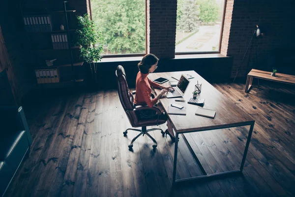 Profilo vista laterale di bella intelligente intelligente attraente serio occupato squalo professionista top executive datore di lavoro in loft mattoni in legno stile industriale camera interna casa posto di lavoro stazione — Foto Stock