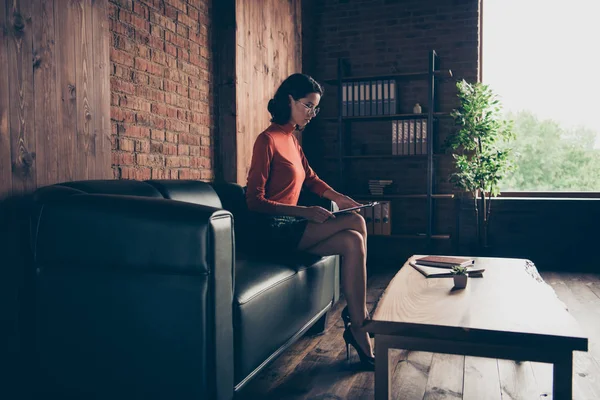 Profilo vista laterale di bella attraente intelligente occupato direttore esecutivo dipendente seduto sul divano revisione incarico in loft mattone stile industriale posto di lavoro interno — Foto Stock