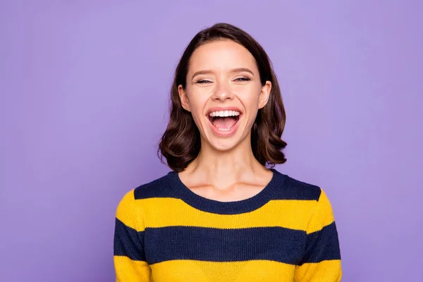 Close up photo beautiful amazing she her lady show white teeth laughing out loud listening humorous story friendly person wear blue yellow striped pullover isolated violet purple background — Stock Photo, Image