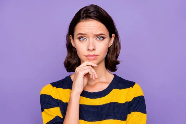 Close up photo beautiful amazing she her lady ideal appearance sincere kind arm chin easy-going ponder pensive listening news wear blue yellow striped pullover isolated violet purple background — Stock Photo, Image