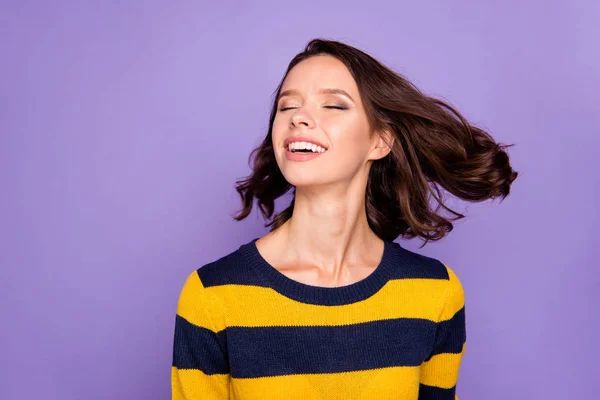 Close up photo beautiful amazing funky she her lady refreshment enjoy warm wind pretty overjoyed hairstyle flight eyes closed wear blue yellow striped pullover isolated violet purple background — Stock Photo, Image