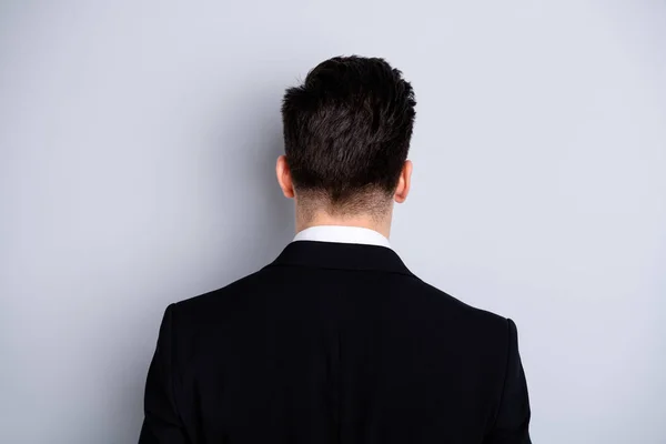 Close up back back back view photo of cool smart successful chief stand behind show shoulders feel glad content relaxed wear classic clothes isolated on argent background — Fotografia de Stock