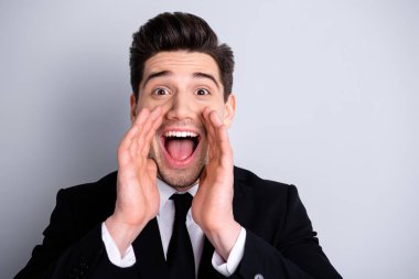 Close up photo funny fun funky colleague office worker heard information cheerful incredible impressed astonished share he his satisfied enjoy fun stylish modern outfit isolated argent background clipart