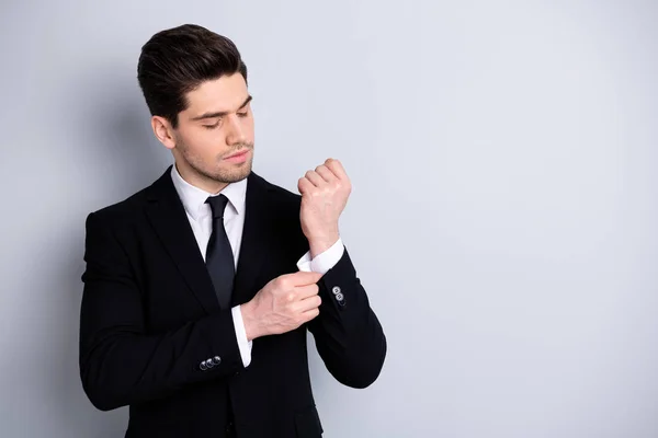 Portrait charming handsome economist agent stylish touch hand fingers button feel relaxed calm minded have project strategy young boss chief wear fashionable clothing isolated silver background — Stock Photo, Image