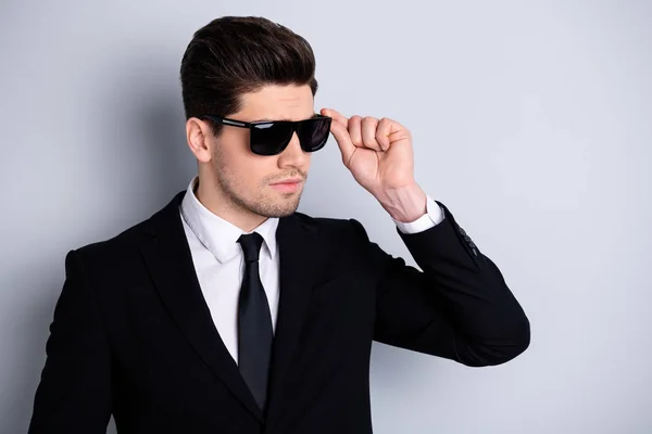 Close up photo of chic handsome representative feel glad satisfied positive content classy have specs touch look stare dressed modern fashion outfit isolated on grey background — Stock Photo, Image