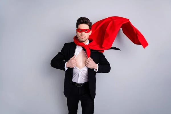 Portrait of his he nice classy elegant trendy attractive best perfect great excellent ideal cool guy wearing bright super look outfit accessory opening chest isolated over light gray background — Stock Photo, Image