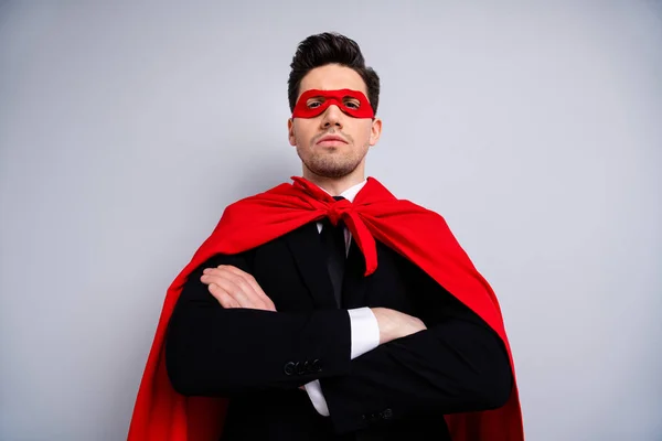 Close-up low angle view portrait of his he nice attractive classy bearded proud arrogant guy wearing bright vivid super look outfit accessory ready to rescue isolated over light gray background — Stock Photo, Image