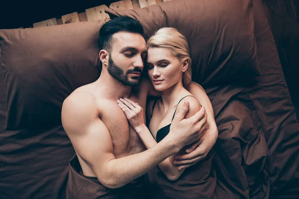 Rest relax recreation healthy lifestyle nap. Top above high angle close-up photo of beautiful attractive pretty blonde haired charming happy lady cover duvet handsome bearded tender gentle guy