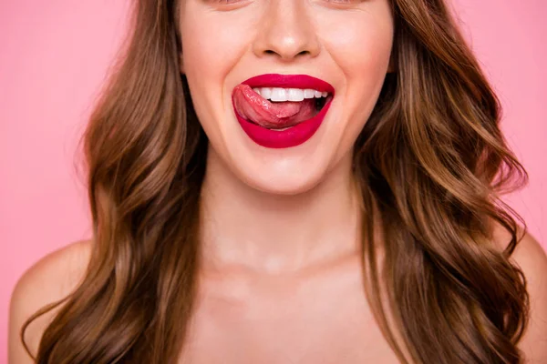 Cropped close up photo amazing beautiful she her lady tongue out mouth coquettish show ideal plump allure rose lips hide eyes wear shiny colorful dress isolated pink rose bright vivid background — Stock Photo, Image