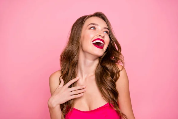 Close up photo beautiful she her her lady open mouth hear funky humorous story hand arm chest perfect white teeth wear cute shiny colorful formal-wear dress isolated pink rose bright vivid background — Foto de Stock