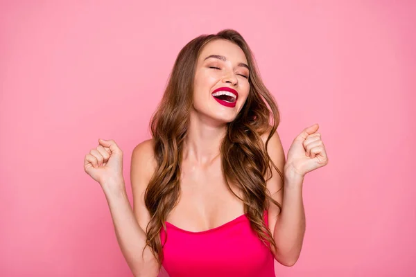 Close up photo amazing beautiful she her lady hands arms hold head unexpected success prom queen announce wear cute shiny colorful formal-wear dress isolated pink rose bright vivid background — Stock Photo, Image