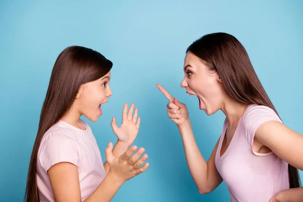 Close-up profile side view portrait of two nice attractive fury furious annoyed irritated straight-haired girls having fight disagreement isolated on bright vivid shine green blue turquoise background — Stock Photo, Image